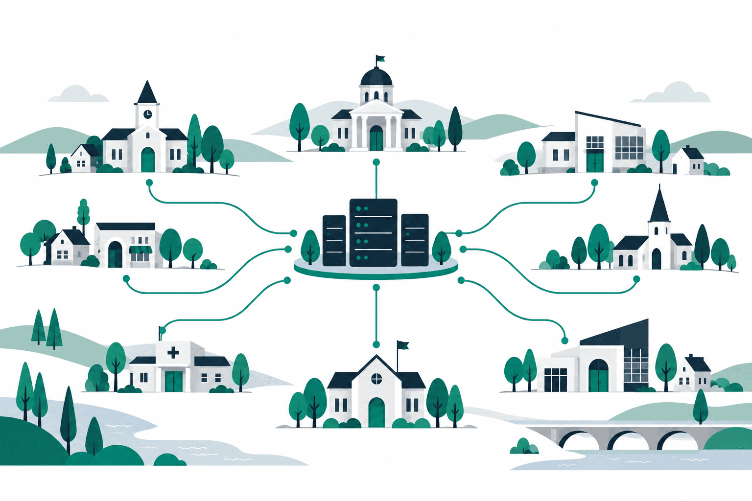 Illustrazione di edifici comunali collegati a una capacità tecnologica comune.
