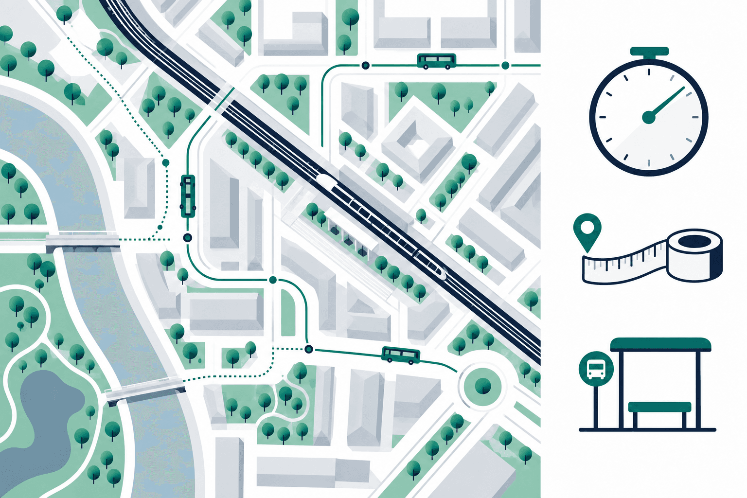 Illustrazione di percorsi urbani con riferimenti a distanza, tempo e trasporto pubblico.